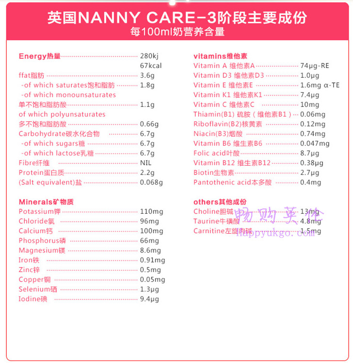 nanny3营养成分 英国NANNYCare羊奶粉3段 (1-3岁) 